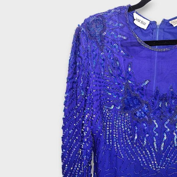 VTG Denise Elle Formal Gown‎ Sz Medium Blue Silk Beaded 80s Maxi Mermaid Glam - Picture 9 of 16